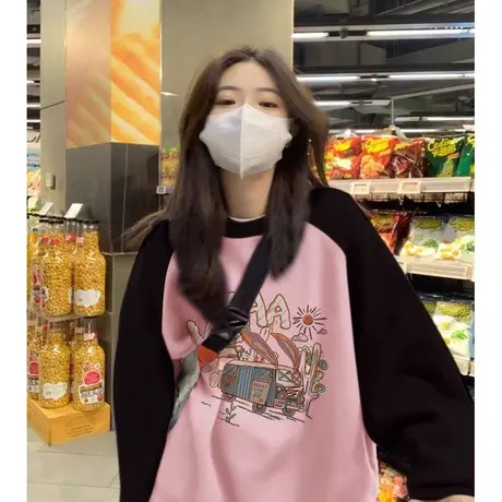 圆领插肩袖卫衣女2023年新款秋装宽松百搭韩版撞色拼接套头上衣潮商品大图