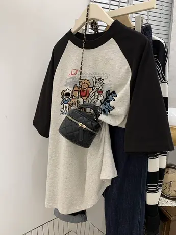 oversize美式拼接撞色T恤女夏季大码潮ins复古印花插肩袖短袖上衣商品大图