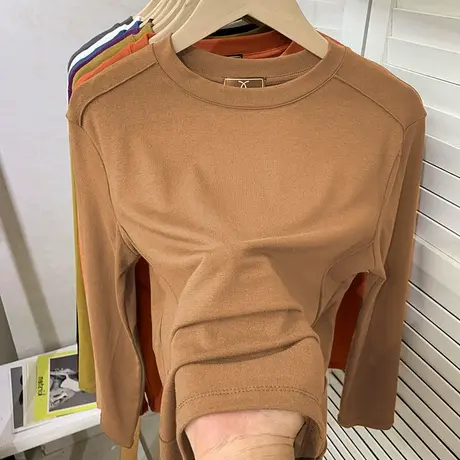 德绒长袖打底衫t恤女鱼骨修身显瘦洋气时尚内搭秋冬加绒保暖上衣商品大图