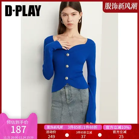 DPLAY秋装法式气质克莱因蓝美背宫廷领修身金属扣套头针织衫图片