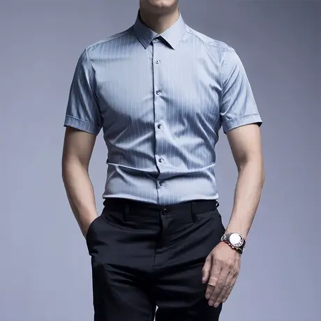 seno丝光条纹短袖衬衫男修身商务休闲夏季免烫抗皱韩版细条纹衬衣商品大图