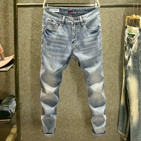 高端水洗层次感牛仔裤男潮牌修身长裤个性腰头皇冠刺绣设计小脚裤商品大图