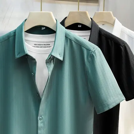 2023夏提花暗条纹衬衫男短袖衬衣男商务休闲韩版修身丝光抗皱上衣商品大图