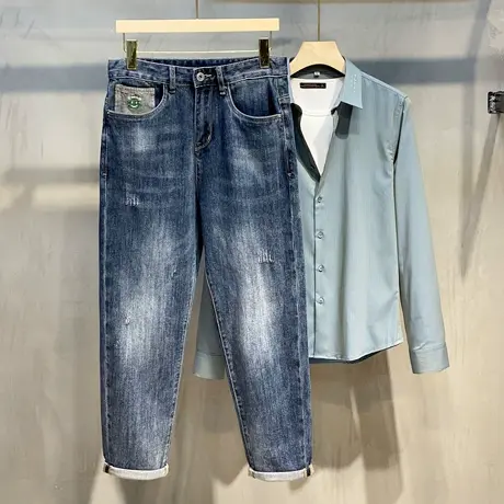 2023年春季新款男士直筒牛仔裤九分韩版宽松休闲牛仔长裤潮男裤子图片