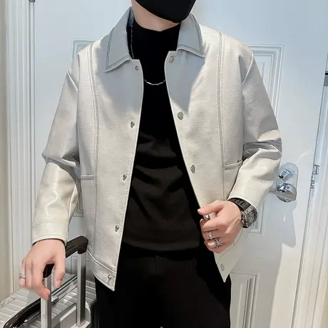 秋冬男士外套PU皮衣仿鳄鱼皮夹克明线新款外套男潮流修身翻领上衣图片