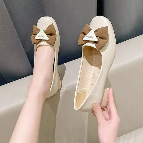 法式粗跟鞋子女夏季2024新款春秋中跟浅口蝴蝶结方头单鞋女士皮鞋商品大图