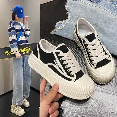 小白鞋女拼色2023年春季新款厚底黑白系带帆布鞋小香风休闲饼干鞋商品大图