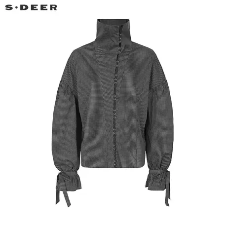 sdeer圣迪奥22春夏新品高领撞色格纹系带宽松休闲衬衫女S221Z0529图片