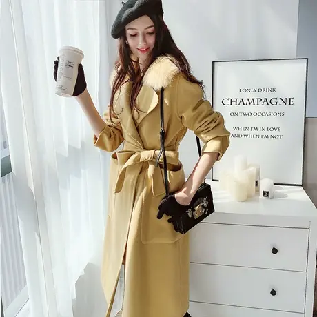 【直播】粉红大布娃娃时尚气质带毛领中长大衣商品大图