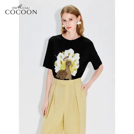 MISSCOCOON【漫拾光旅】24春新款时尚原创孔雀图案休闲短袖T恤衫商品大图