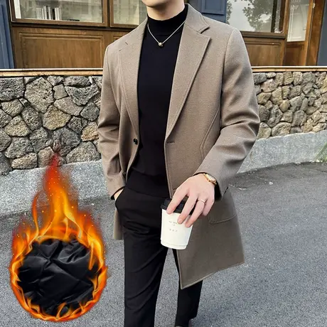 星空毛呢子外套男秋冬夹棉加厚保暖中长款西服潮流痞帅英伦风大衣图片