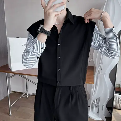 春秋季时尚休闲长袖衬衣网红潮牌拼接条纹袖假两件潮流男士衬衫商品大图