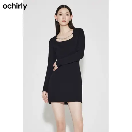 ochirly欧时力 再生纤维针织连衣裙女新款秋装金属链方领显瘦图片