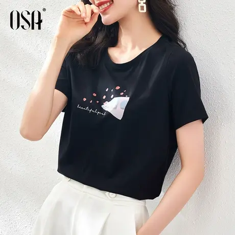 OSA黑色印花t恤短袖薄款衣服女装2021年新款夏季体恤百搭修身上衣图片