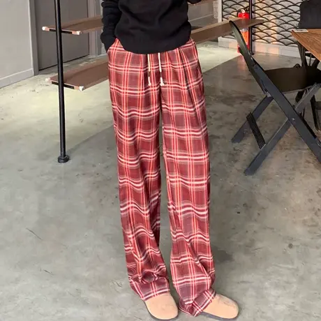 尔给2024早春新款裤子美式今年流行红色格子裤女休闲小个子阔腿裤图片