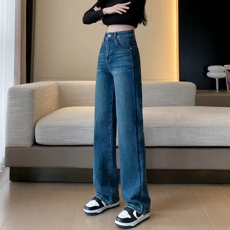 蓝色阔腿牛仔裤女2024春秋新款高腰宽松显瘦窄版直筒烟管拖地长裤商品大图