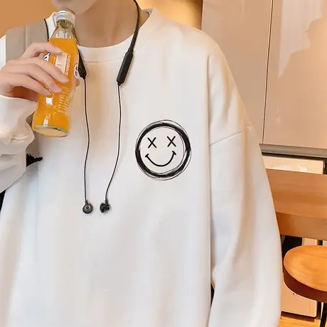 圆领卫衣男秋季ins潮牌笑脸打底衫秋冬装宽松长袖上衣服嘻哈港风图片