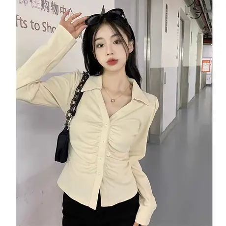 设计感褶皱长袖T恤春季2024新款修身POLO领纯欲风辣妹打底上衣女图片
