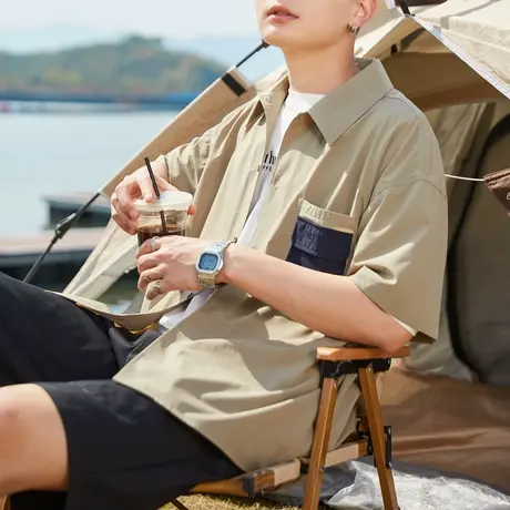 唐狮2022夏季新款男衬衫贴袋翻领短袖衬衫男休闲宽松男士衬衣复古图片