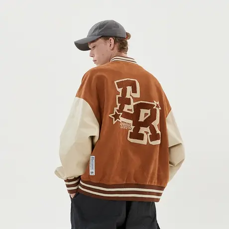 ER拼接皮袖棒球服男春秋季美式潮牌毛巾绣外套情侣宽松休闲夹克衫商品大图