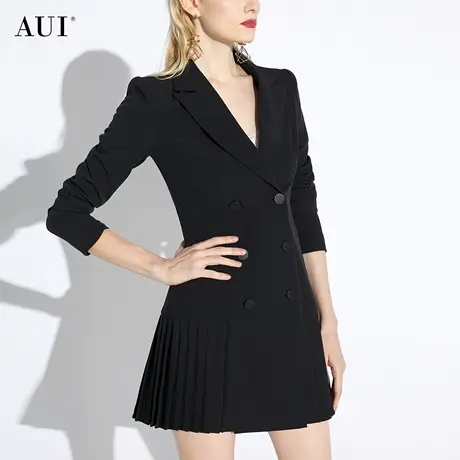 AUI黑色气质职业正装西装外套女2024年早春新款小个子百褶西服裙图片