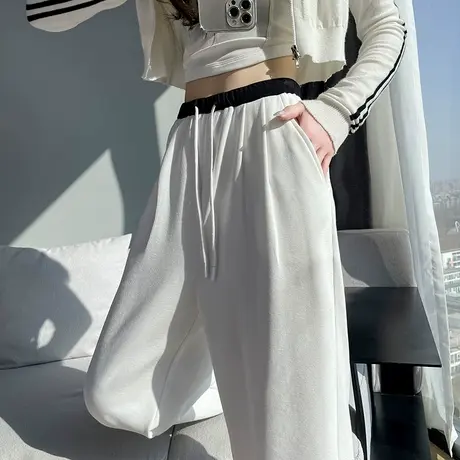 美式白色运动裤女春秋休闲直筒卫裤设计感拼接松紧腰窄版阔腿裤子图片