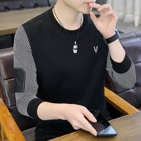 秋季圆领卫衣男士韩版潮流拼接撞色刺绣长袖t恤打底衫青年爸爸装商品大图