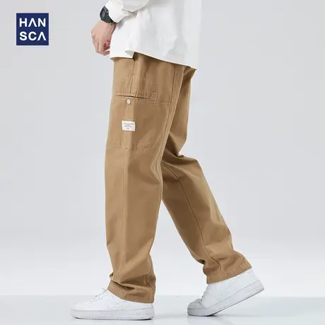 hansca黑色休闲裤男宽松运动青少年春季美式复古纯棉直筒工装长裤商品大图