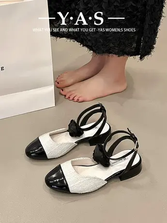 小香风法式玛丽珍包头凉鞋女2024年春夏新款拼色浅口花朵中空单鞋商品大图