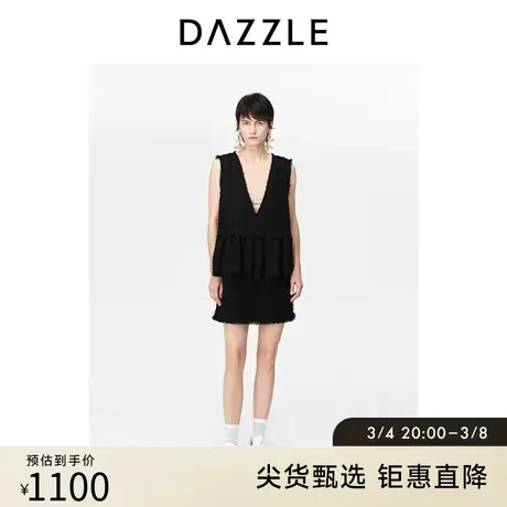DAZZLE地素奥莱春夏装新款黑色粗花呢假两件深V无袖连衣裙短裙女图片