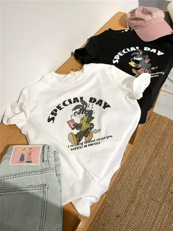 空气棉质感！卡通印花辣妹女正肩短袖T恤 高腰修身打底上衣小个子商品大图