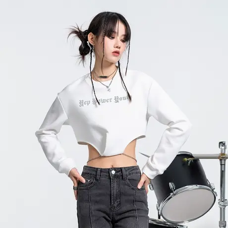yep立体印花上衣短款设计感女小众卫衣春秋潮牌辣妹露脐装hiphop图片