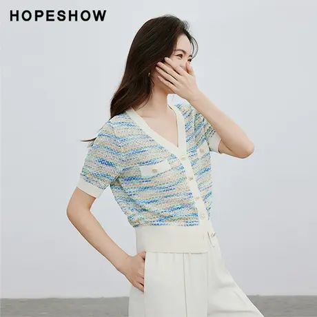 红袖宽松单排扣V领短袖针织衫hopeshow2024春季新款高级时髦上衣商品大图