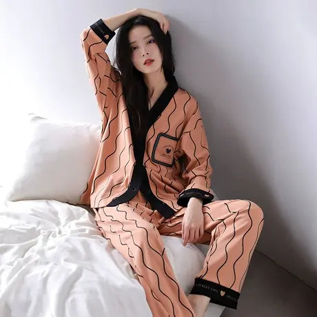 婷美纯棉睡衣女春秋季长袖开衫V领ins风宽松高颜值外穿居家服套装商品大图