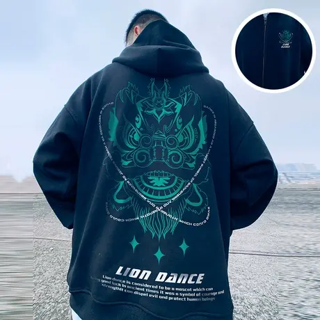 醒狮加肥加大码潮牌连帽加绒加厚开衫拉链卫衣男潮春秋季胖子外套商品大图