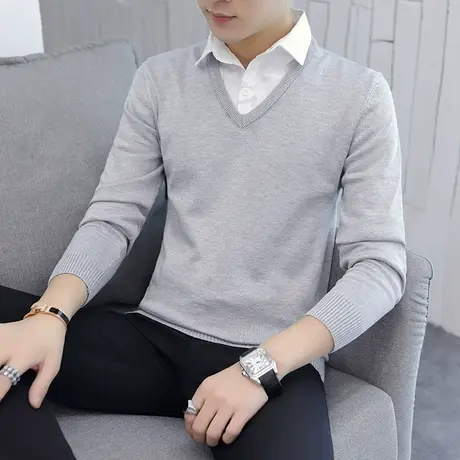 2023假两件毛衣男士上衣服衬衫领针织衫男装秋冬季打底衫修身潮流商品大图