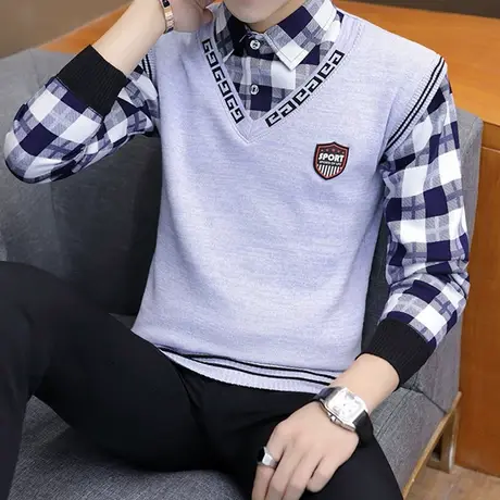 秋冬季毛衣男士假两件衬衫领秋装针织衫加绒加厚保暖上衣带领线衣商品大图