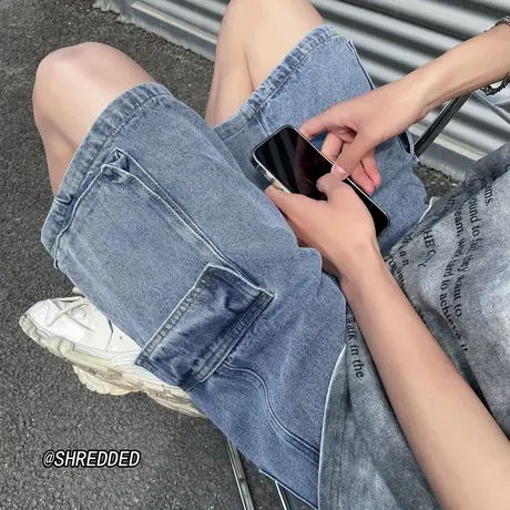 夏季薄款牛仔短裤男直筒大码潮牌宽松休闲纯色中裤大口袋五分裤子商品大图