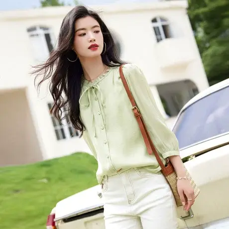 时尚气质天丝七分袖衬衫2023年夏季新款淑女温柔圆领显瘦通勤上衣商品大图
