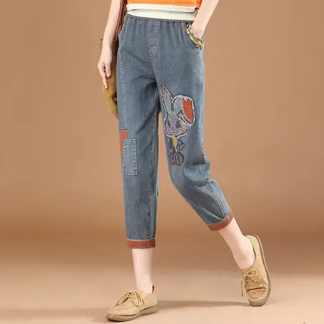 韩潮袭人松紧腰刺绣七分牛仔裤女2023夏季新款薄款休闲百搭哈伦裤商品大图
