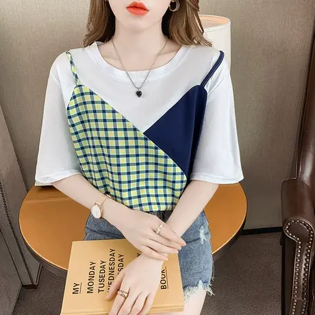 纯棉短袖t恤女夏季2023新款设计感小众宽松假两件拼接格子上衣ins商品大图