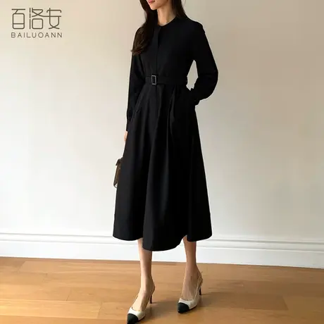 百洛安法式优雅高腰系带连衣裙女秋新款气质圆领长袖A字裙长裙子图片