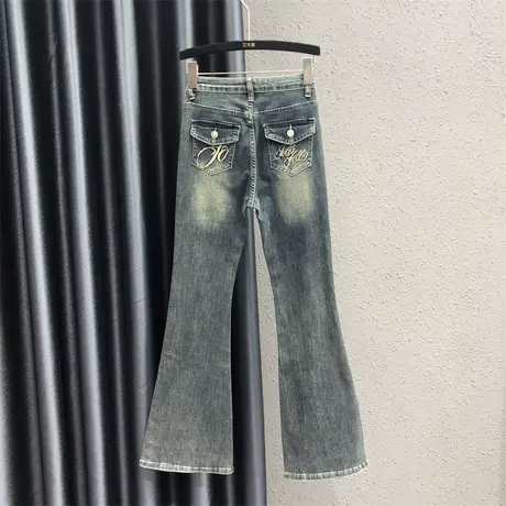 怀旧复古个性刺绣牛仔微喇裤女2023秋季新款高腰修身显瘦喇叭长裤商品大图