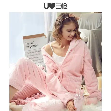三枪睡衣女珊瑚绒秋冬剪花菠萝格居家翻领开襟保暖女家居服套装商品大图