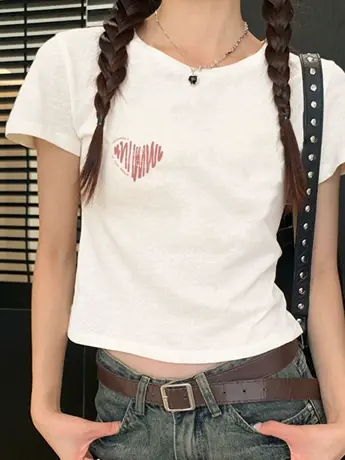 美式复古短袖t恤女夏季2023新款小众设计感法式甜辣正肩修身上衣商品大图