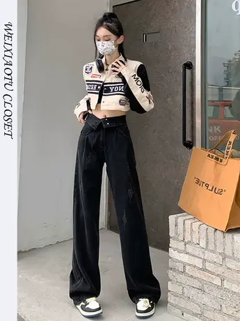 黑灰色翻边牛仔裤女新款宽松时尚美式复古直筒高腰显瘦拖地阔腿裤商品大图