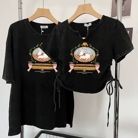 复古水洗做旧纯棉t恤女夏季短袖2023新款体恤设计感小众短款上衣图片