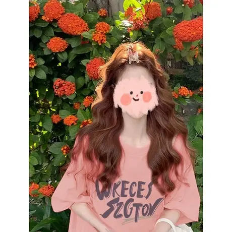 粉色洋气短袖t恤女夏季2023新款宽松日系设计感小众上衣oversize商品大图