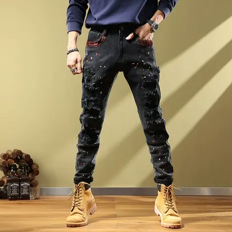 美式潮牌泼漆工艺大破洞黑牛仔裤男秋季修身小脚棉弹水洗高街潮流商品大图