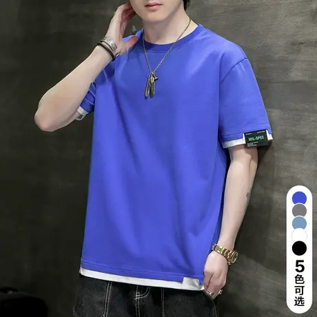 夏季薄款纯棉假两件撞色拼接圆领短袖T恤衫男士克莱因蓝夏装体恤商品大图